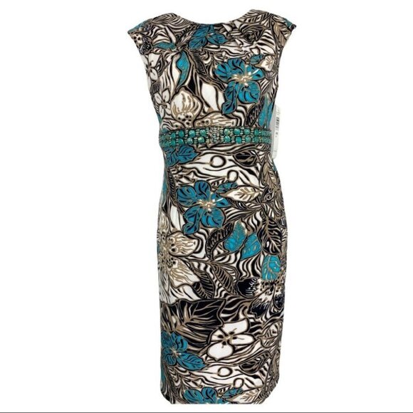 Helene Blake Women's NWT Floral‎ Accent Turquoise Designer Sheath Dress 6/C36 - Picture 1 of 10